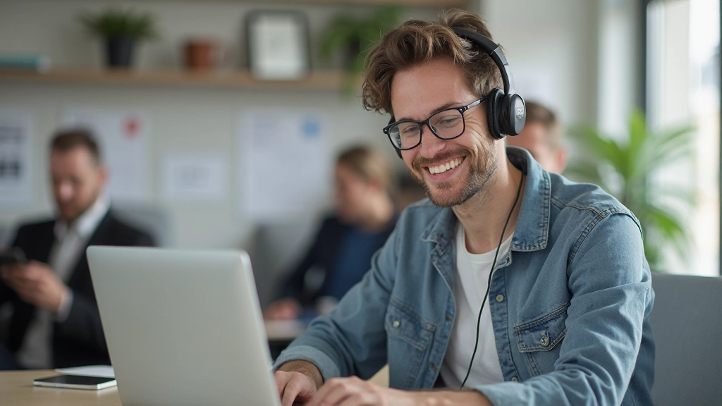 Persoon oefent Nederlands luisteren met koptelefoon in een modern trainingscentrum met audiovisuelmateriaal op scherm