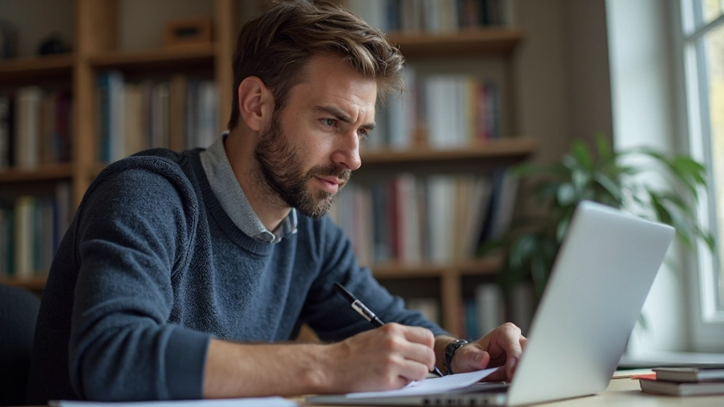Persoon die aantekeningen maakt terwijl naar een laptop scherm kijkt, leren uit media