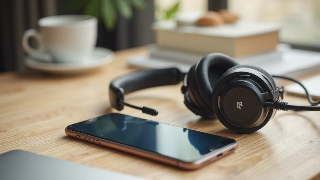 Koptelefoon en smartphone op een bureau met podcast-app zichtbaar op het scherm