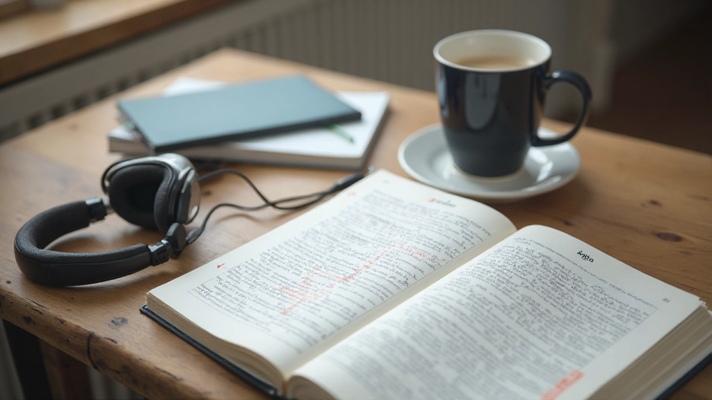 Tafelblad met Nederlands leerboek, woordenlijst en koptelefoon voor taaltraining