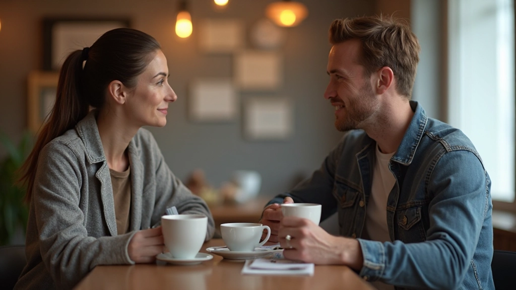 Twee personen zitten tegenover elkaar aan een tafel en hebben een Nederlands gesprek met koffie