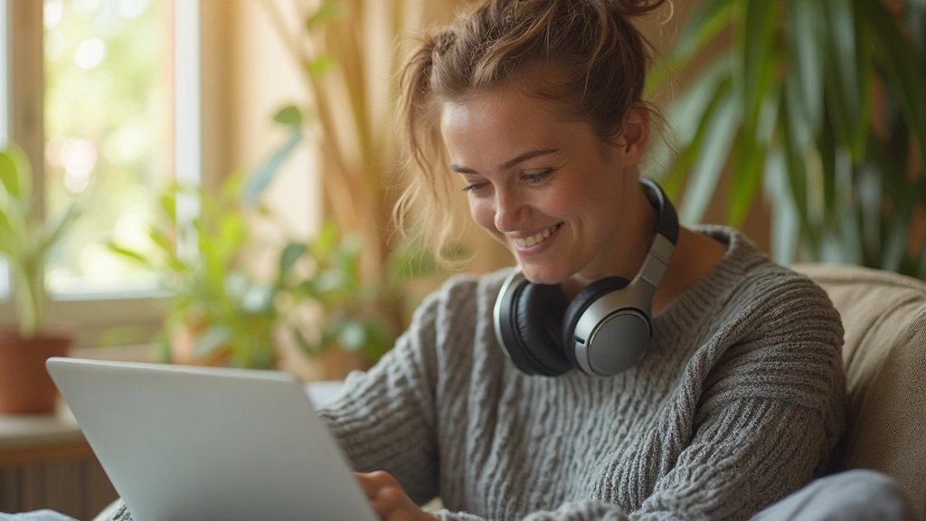 Gelukkige vrouw met koptelefoon, ontspannen in een zonnige kamer, genietend van het luisteren naar Nederlands materiaal, glimlacht terwijl ze naar haar laptop kijkt