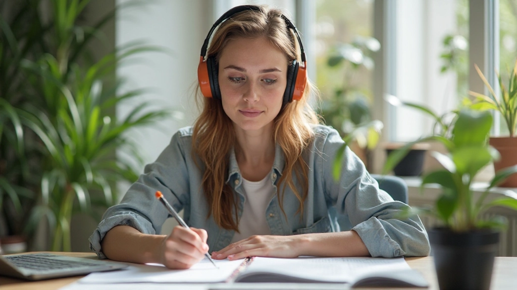 Vrouw zit aan haar bureau met een koptelefoon op, maakt aantekeningen terwijl ze naar een Nederlands audiolesje luistert, modern home office met goed licht